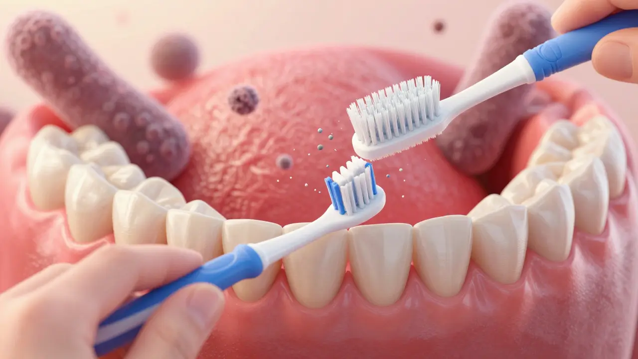 Koncept zdravých růžových dásní a čištění plaku pomocí mezizubního kartáčku