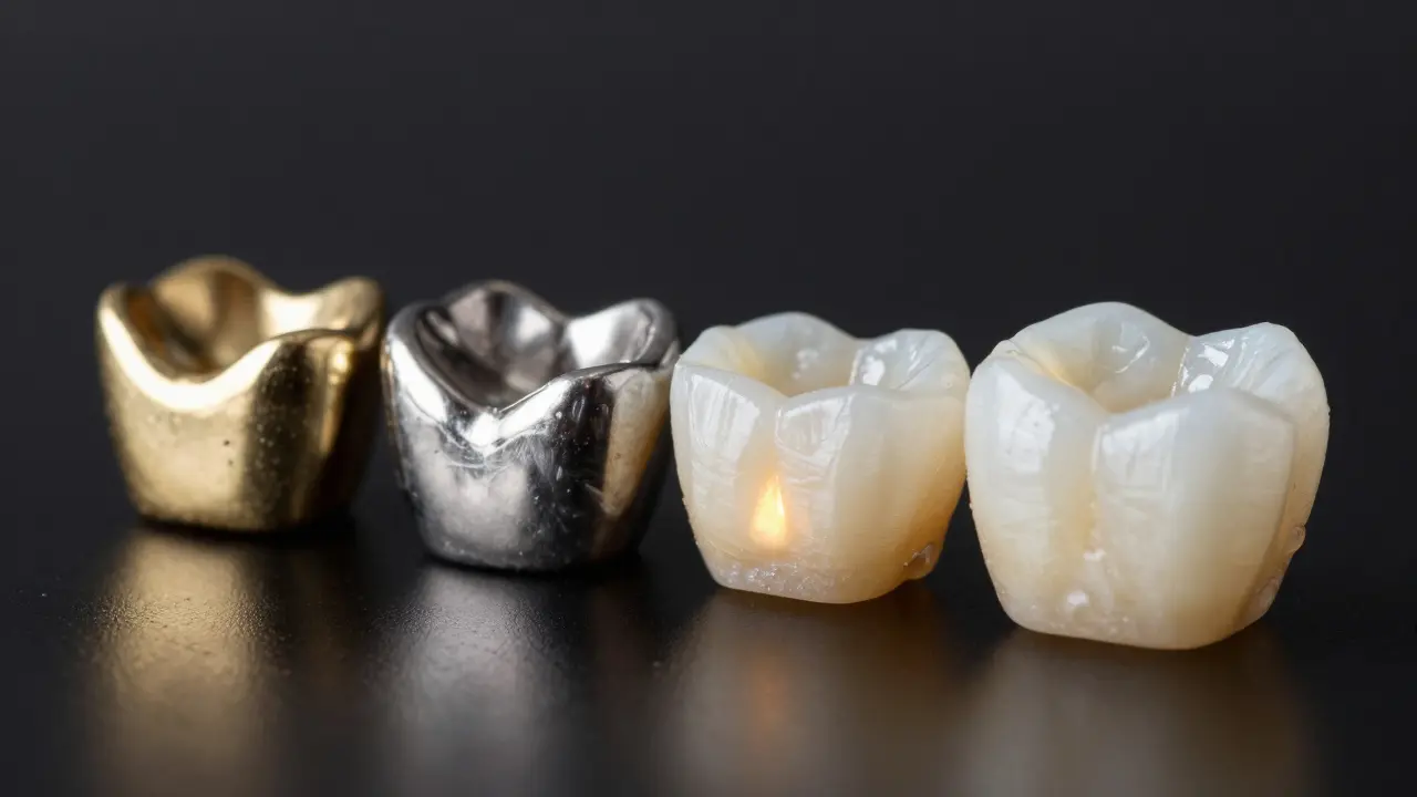 Srovnání různých materiálů zubních korunek na tmavém pozadí