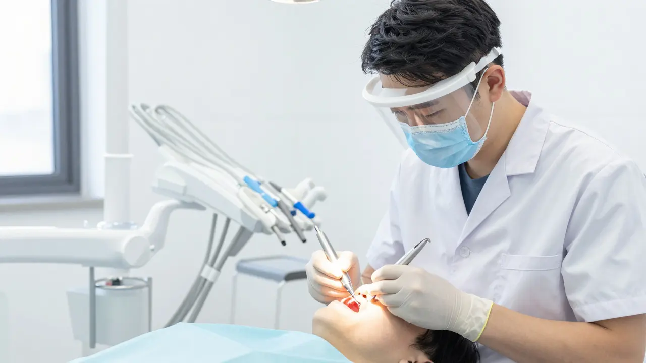 Stomatolog provádí endodontickou léčbu v moderní klinice.