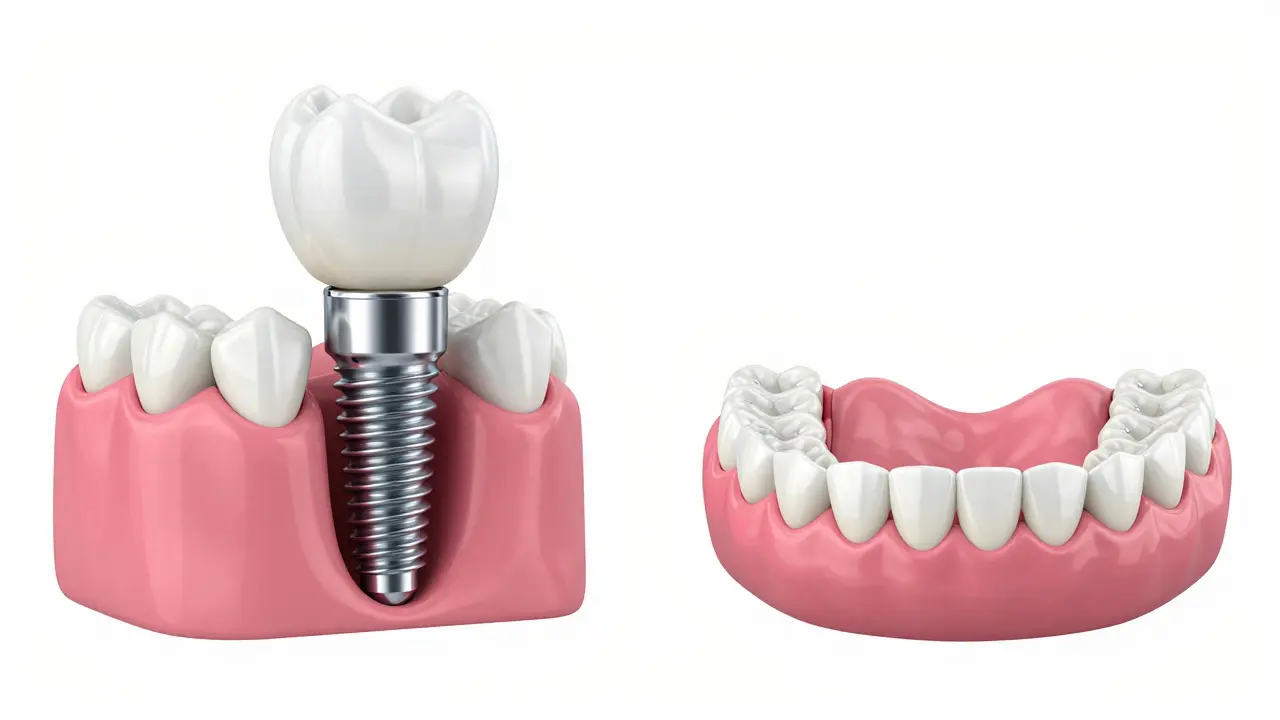 3D ilustrace srovnávající pevný zubní implantát a volnou klasickou protézu.