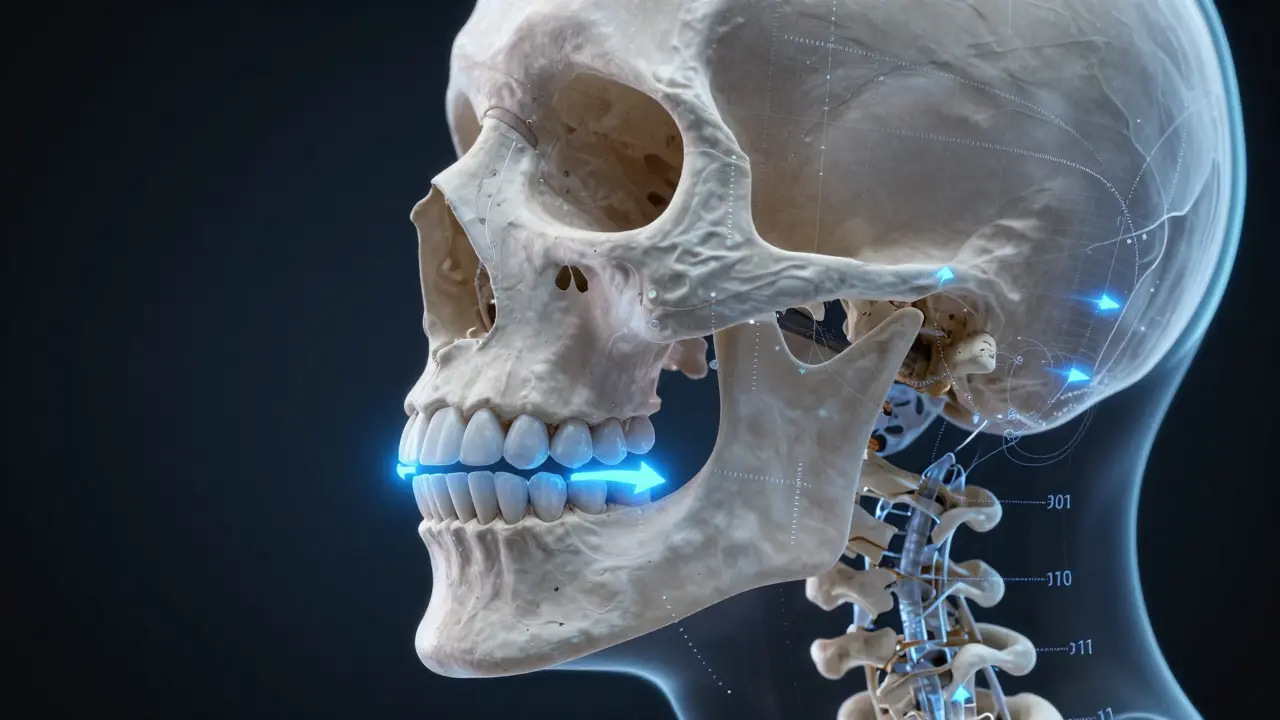 3D vizualizace korekce předkusu s pohybovými šipkami na čelistech