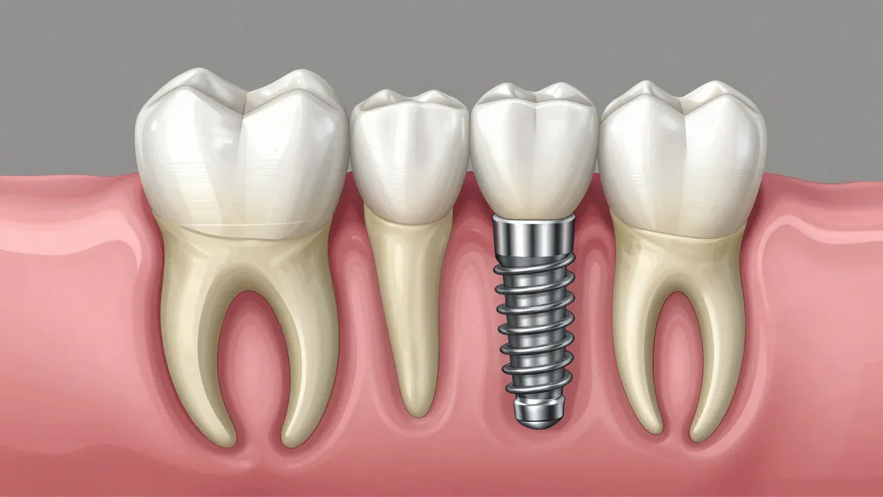 Anatomický řez ukazující zubní implantát v čelisti versus chybějící zub