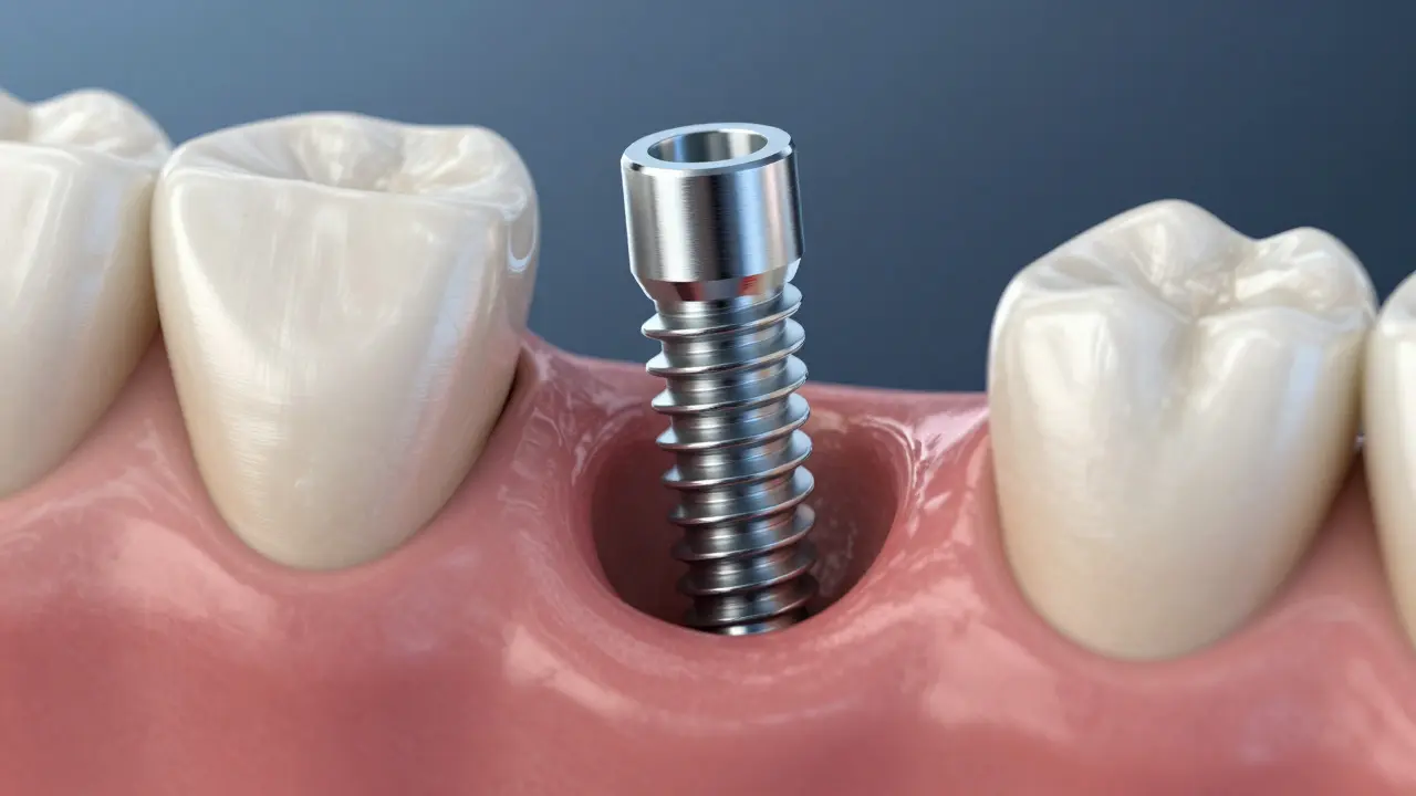 Detailní vizualizace titanového implantátu integrovaného do kosti