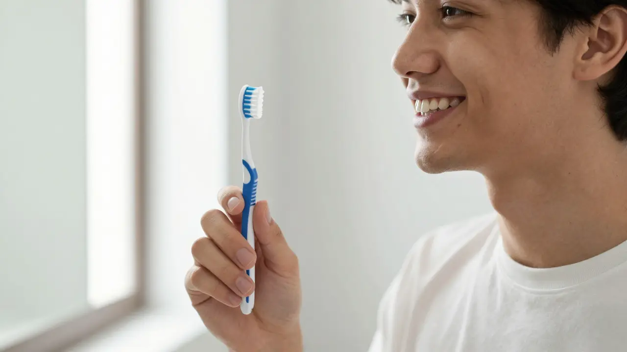 Mladý dospělý s úsměvem drží hygienické pomůcky