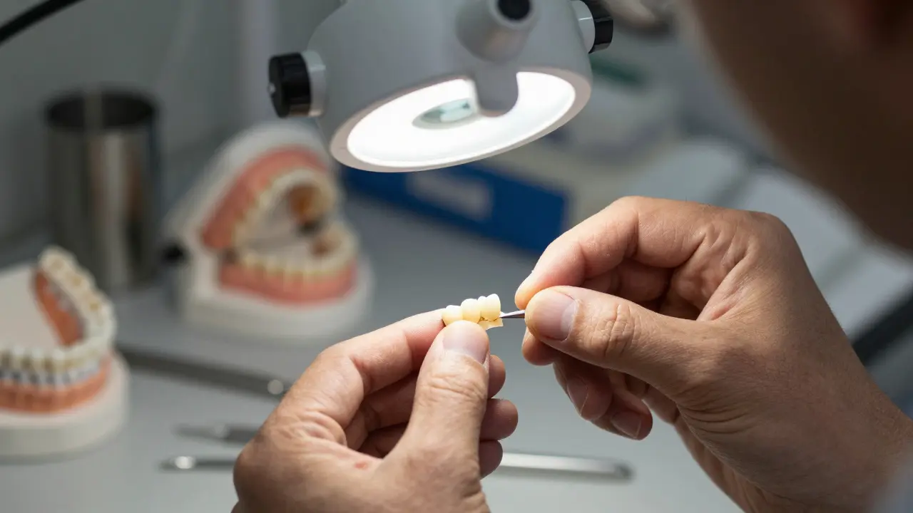 Technik v laboratoři dokonale upravuje keramickou zubní korunku