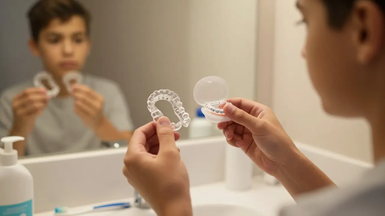 Teenager drží transparentní rovnátko a pouzdro v koupelně