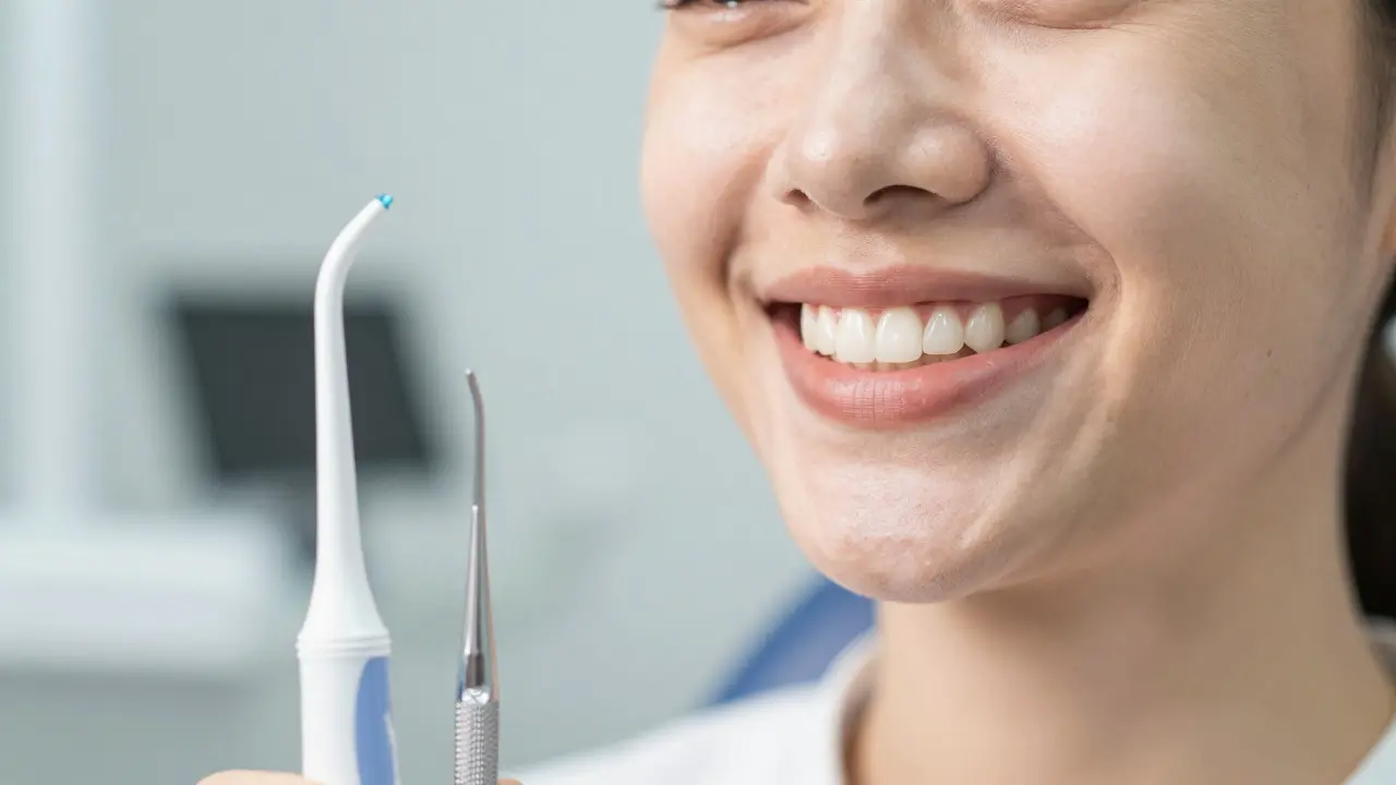Úsměv pacienta s nástroji pro ústní hygienu po implantaci