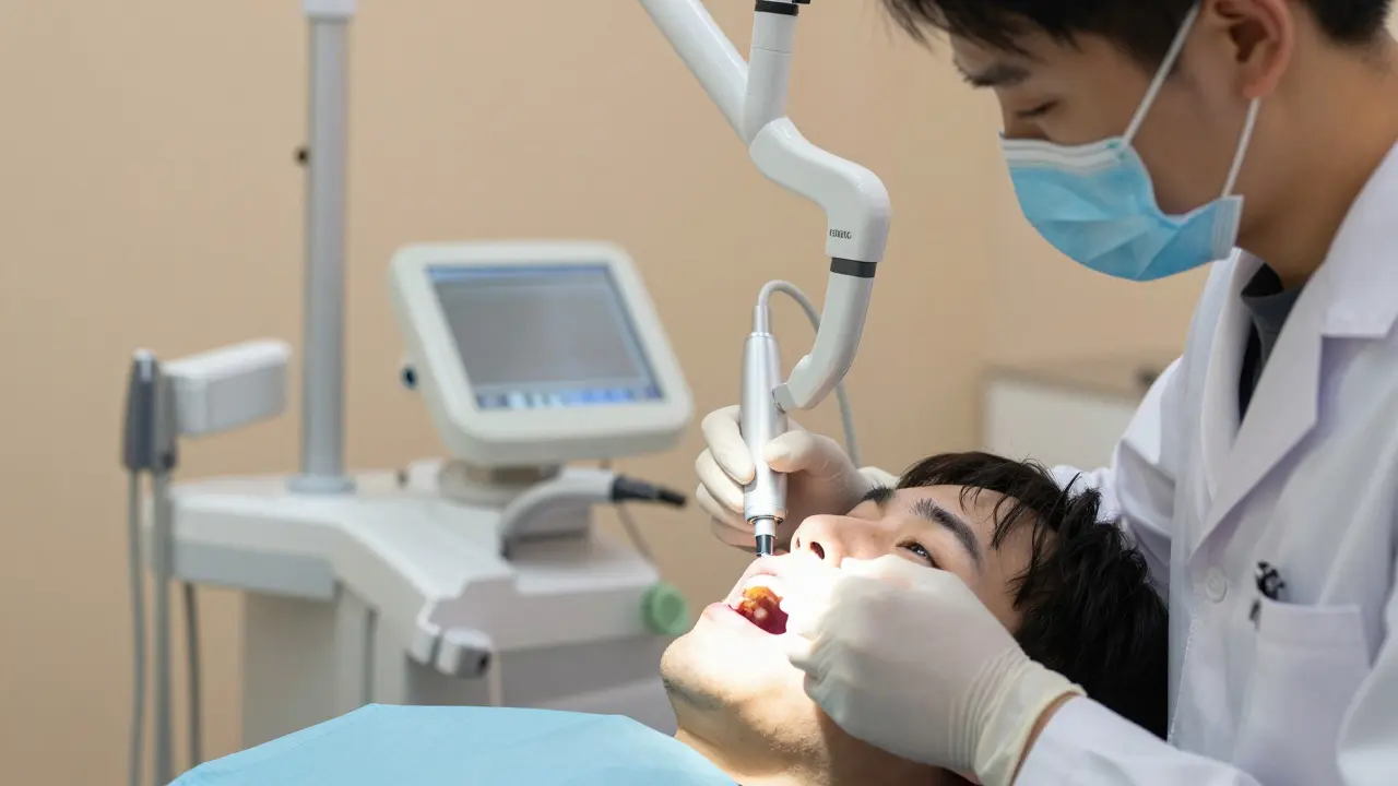 Zubní lékař diagnostikuje prasklinu pomocí světelného přístroje