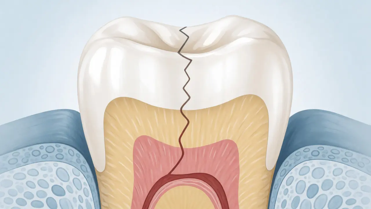 Anatomický řez zubem ukazující vrstvy skloviny, dentinu a dřeně.