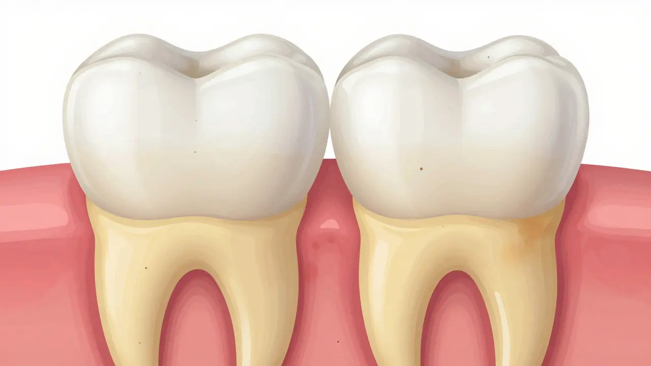 Anatomie zubu ukazující email a žlutý dentin
