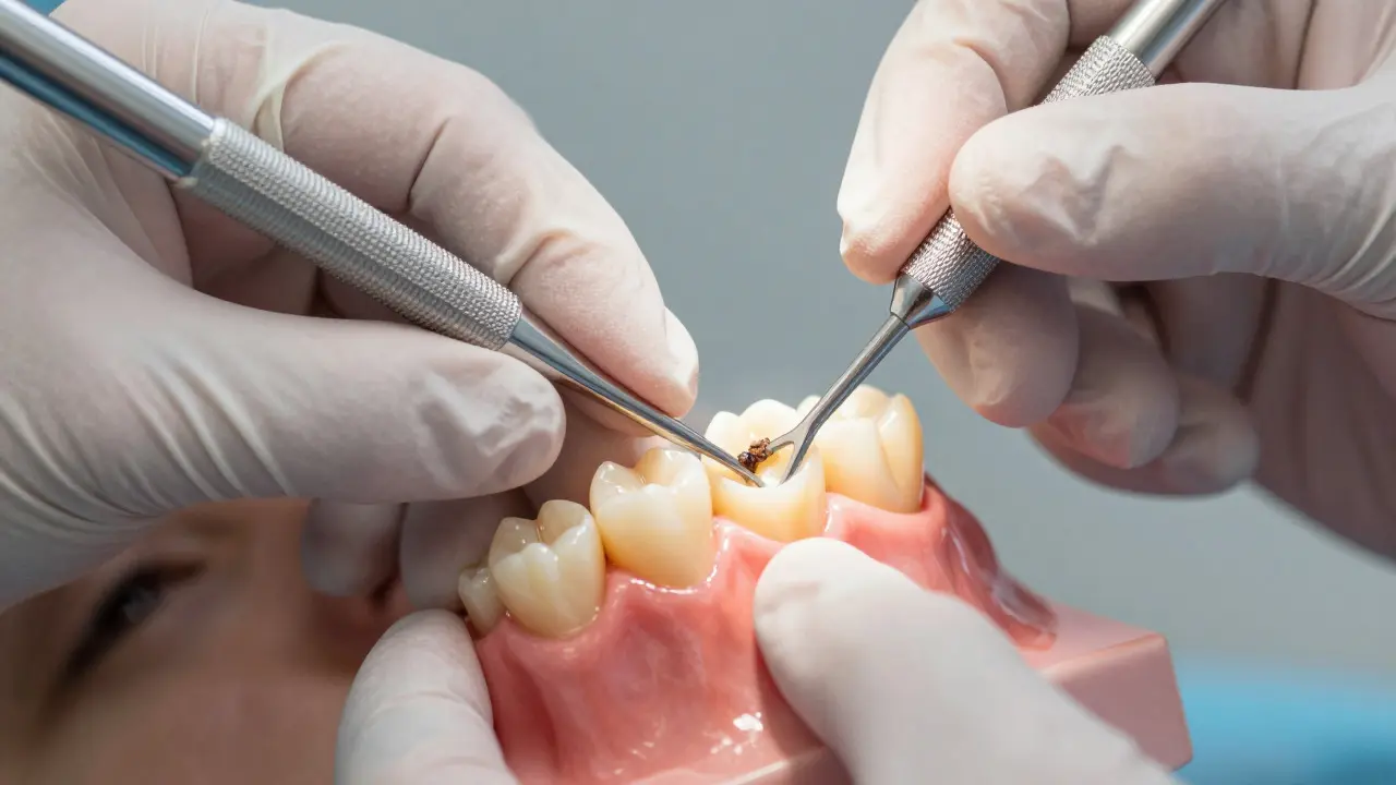 Close-up of a dentist using a curette to clean a tooth root