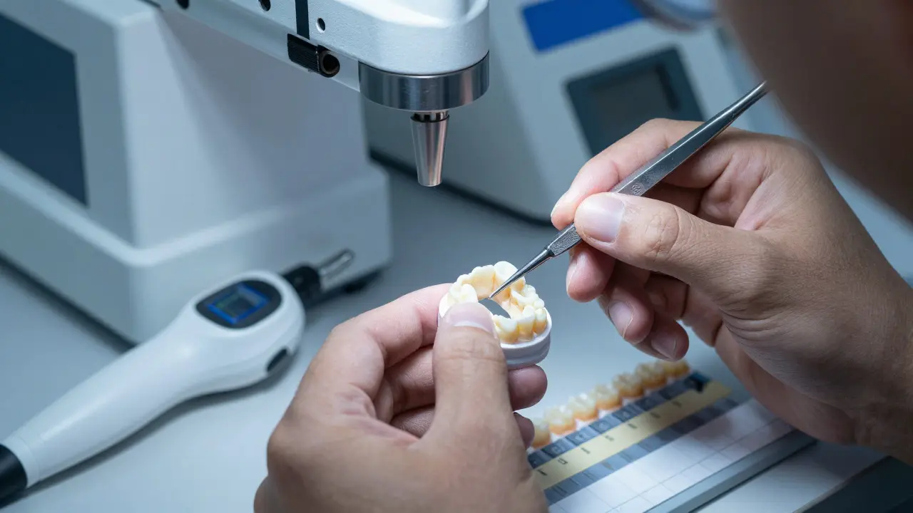 Detailní záběr na výrobu keramické zubní korunky v laboratoři s použitím precizních nástrojů.