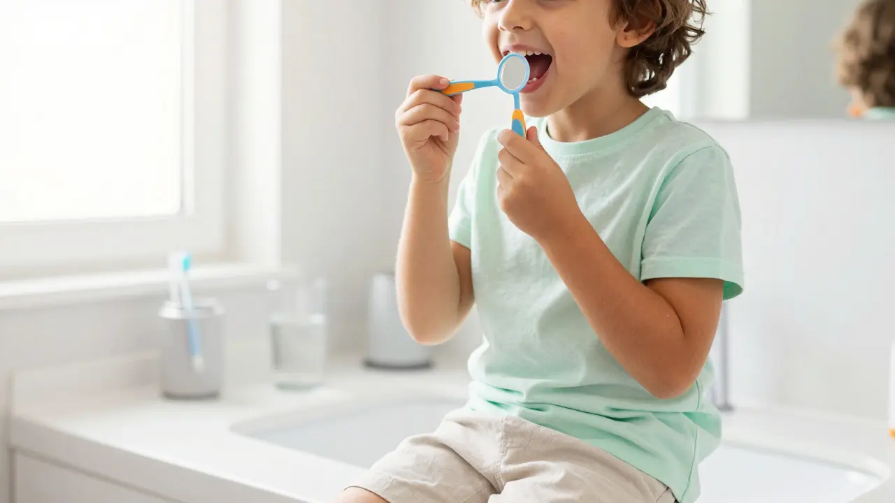 Dítě se usmívá a prohlíží si zuby pomocí plastového dentálního zrcátka