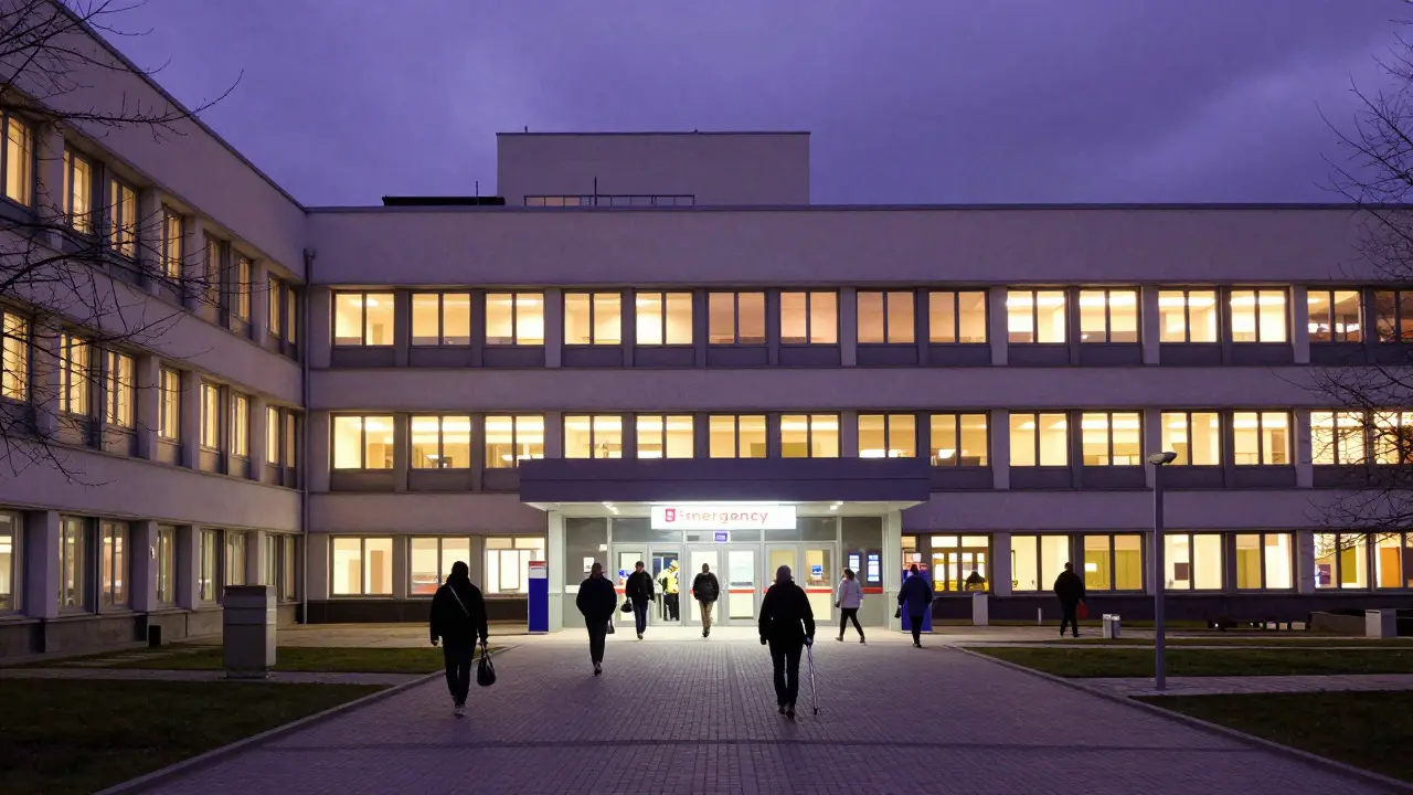 Exteriér nemocniční budovy v Praze za soumraku s pacienty