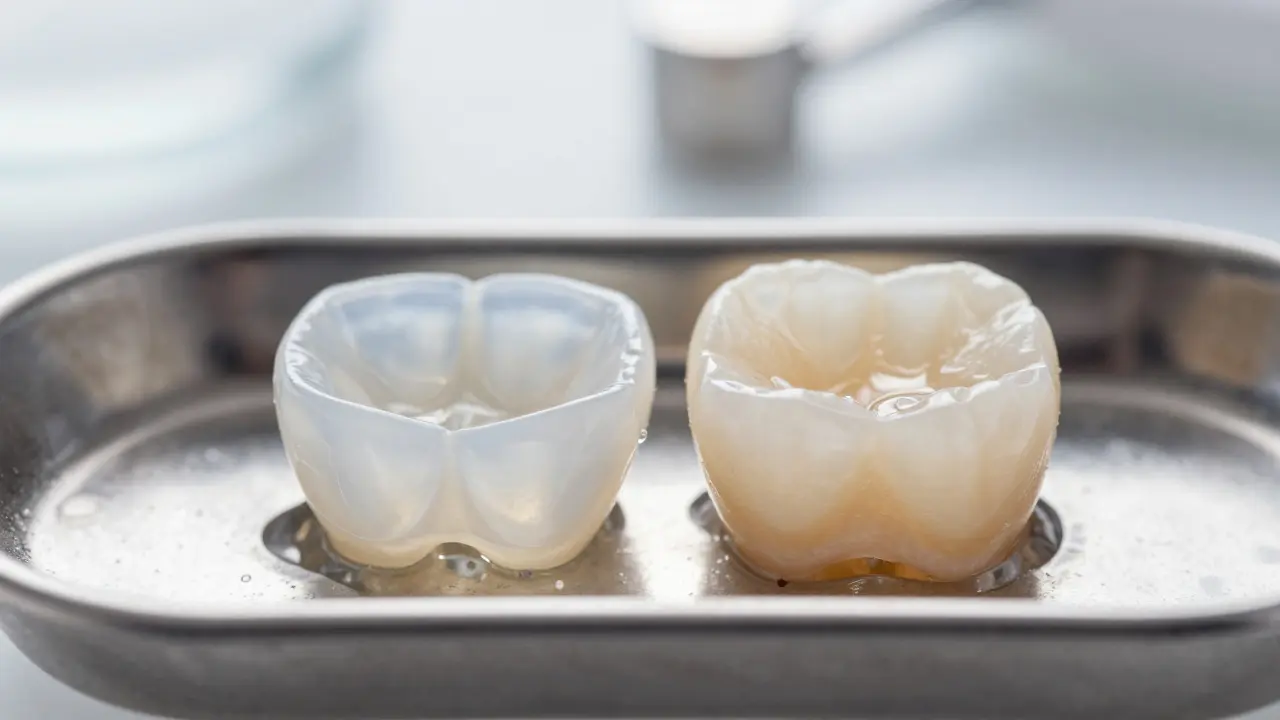 Porcelánová a kompozitní zubní fazety na chirurgickém podnose