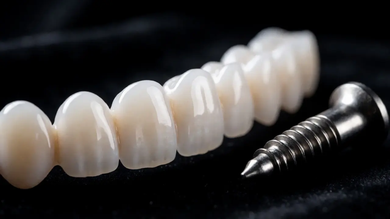 Sada keramických faset a titanový implantát na tmavém pozadí.