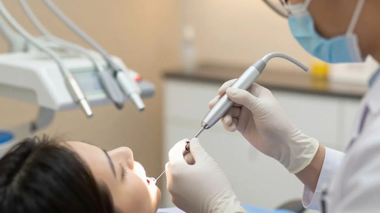 Stomatolog zkoumá zub speciálním diagnostickým nástrojem