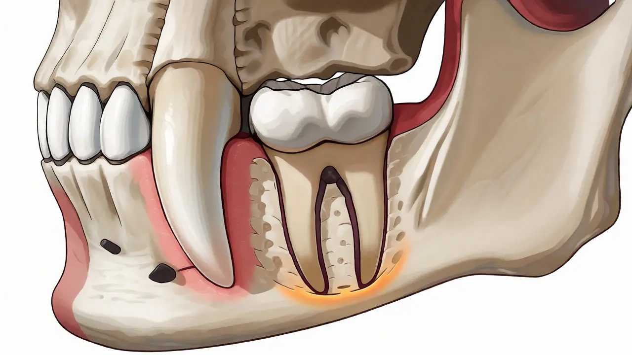 Anatomický řez čelistí zvýrazňující dlouhý kořen špičáku a molár