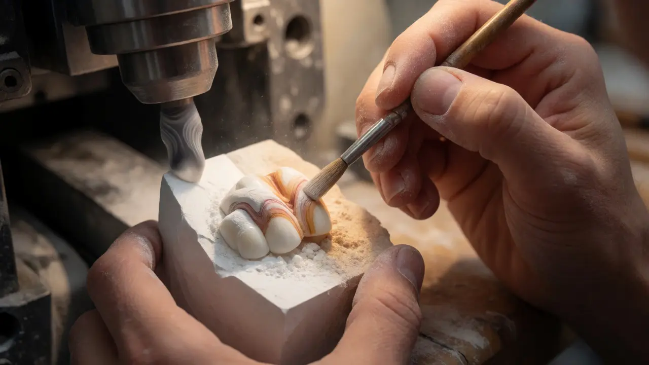 Dental technician crafting a veneer, contrasting zirconia strength with ceramic aesthetics.
