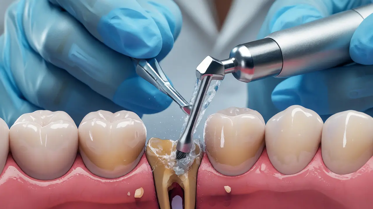 Dentální hygienista odstraňuje kámen ultrazvukem pod dásní