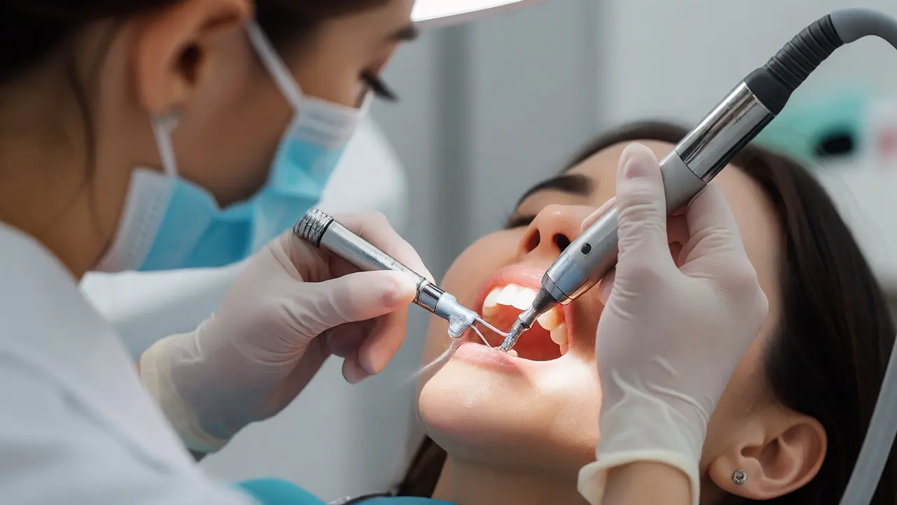 Dentální hygienistka odstraňuje kámen ultrazvukem