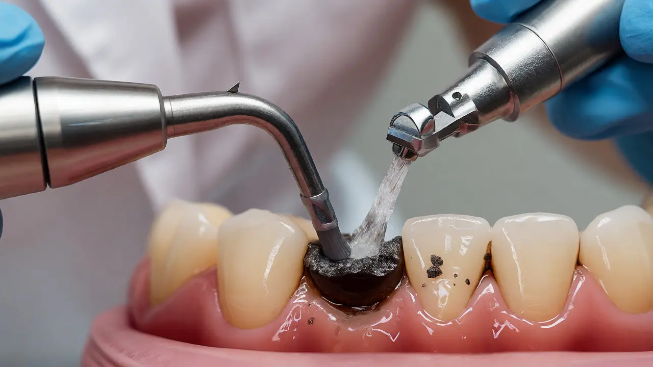 Dentální hygienistka odstraňuje zubní kámen ultrazvukem