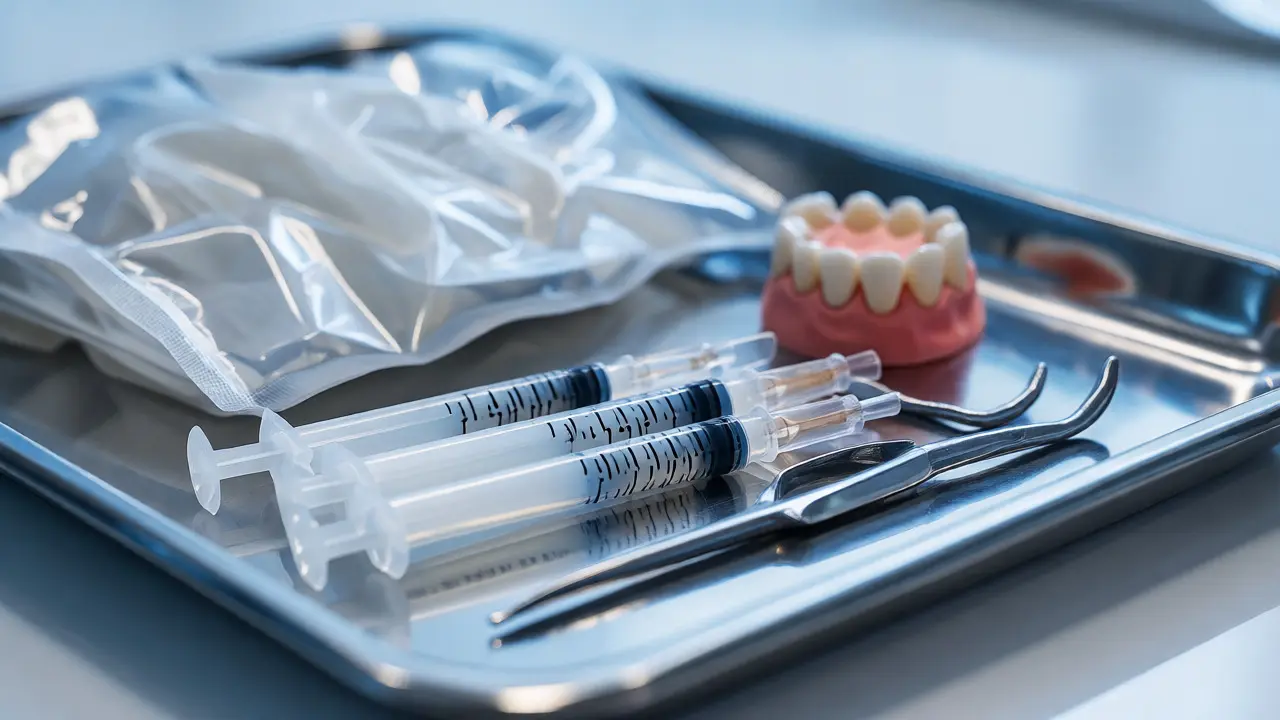 Detailní záběr na dentální materiály a nástroje na podnosu