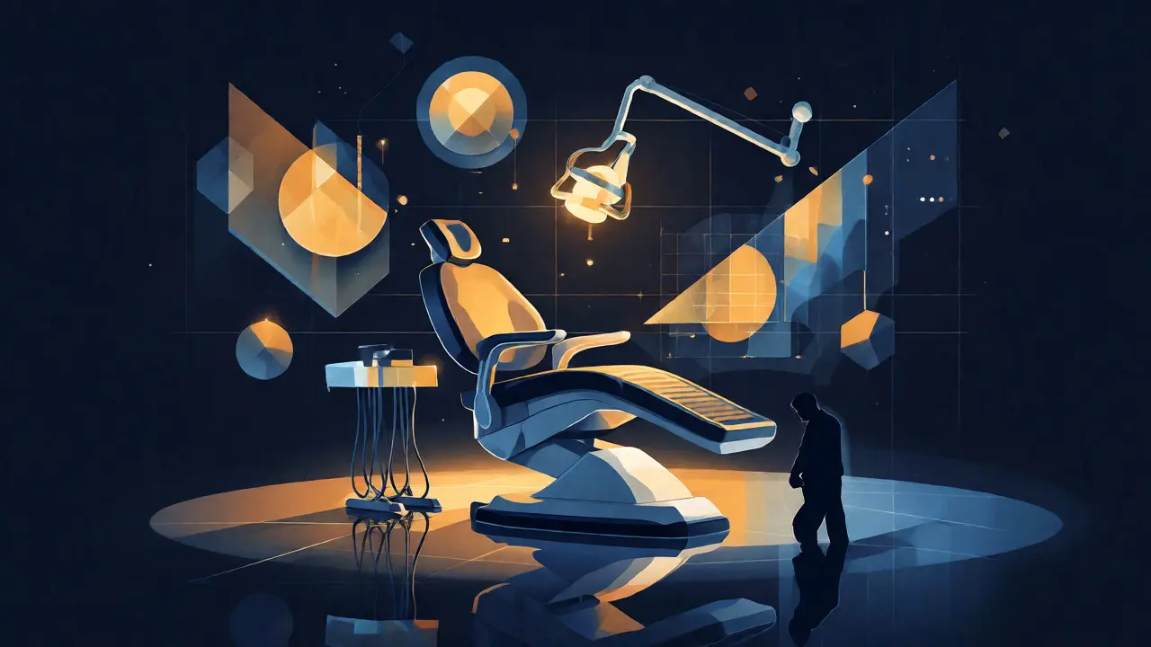 Konceptuální ilustrace zubního křesla obklopeného abstraktními finančními prvky