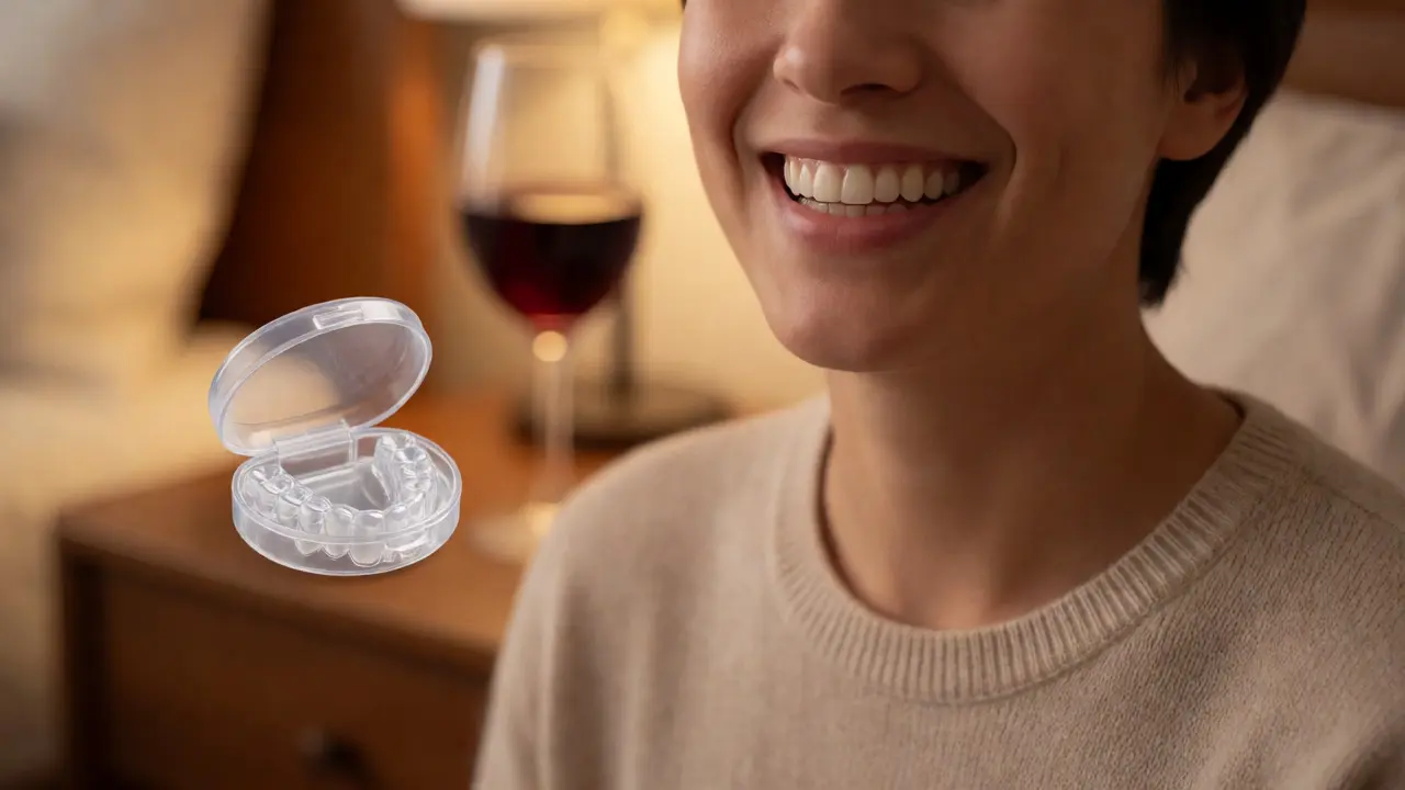 Person with a new smile next to a night guard and wine glass, symbolizing care.