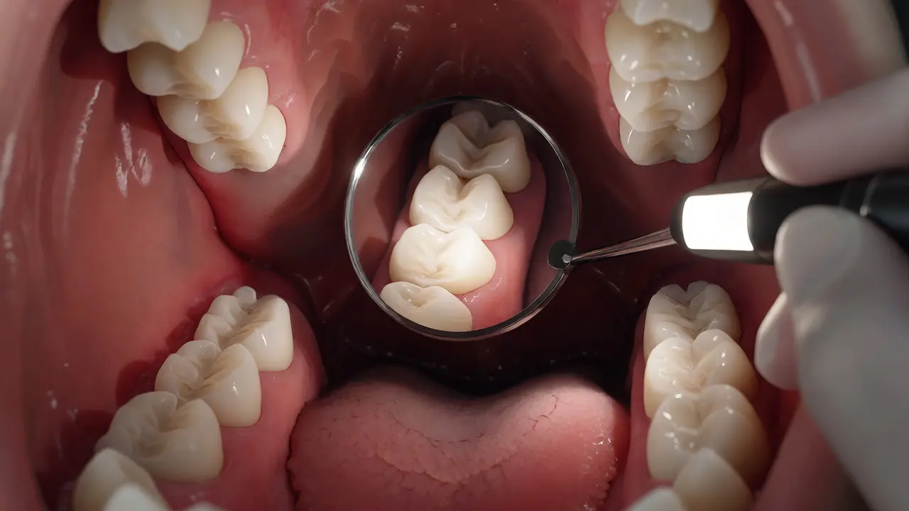 Pohled do úst přes dentální zrcátko s osvětlením zadních zubů.