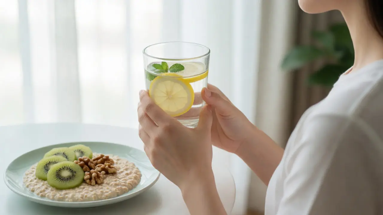 Sklenice citronové vody s mátou vedle misky ovesné kaše s kiwi a ořechy.
