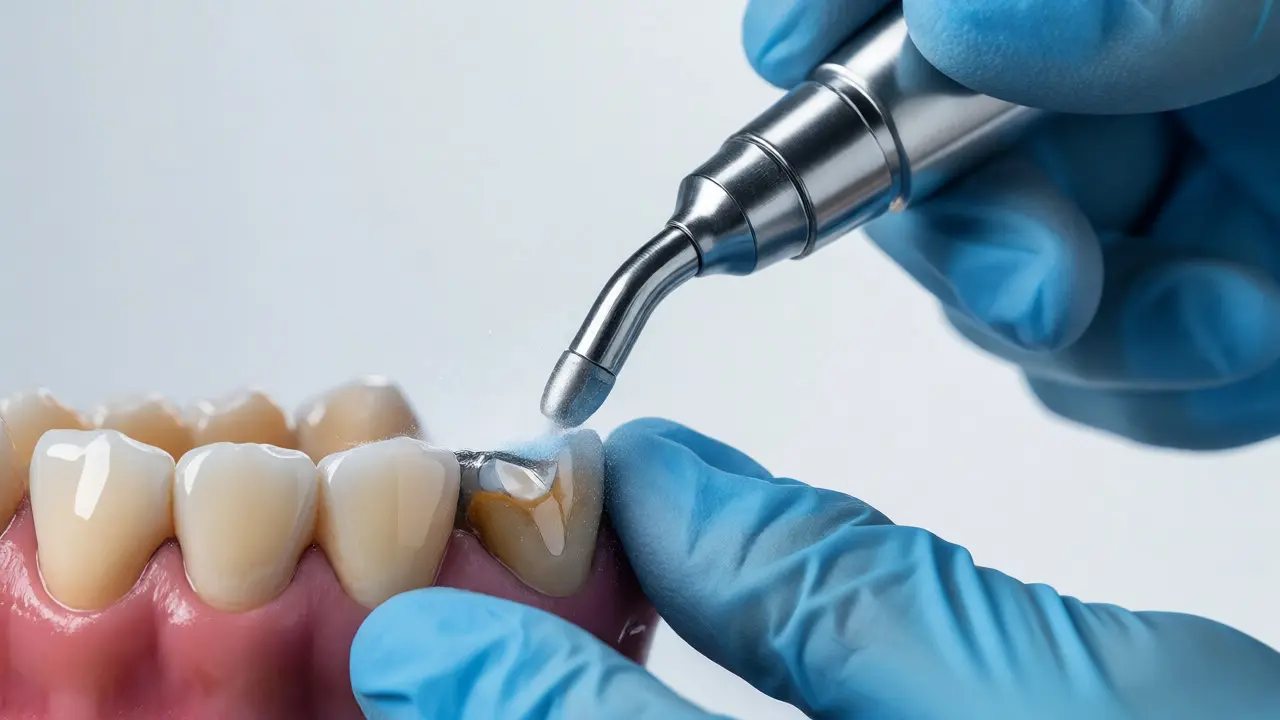 Zubní hygienista čistí plomby pomocí přístroje Air Flow