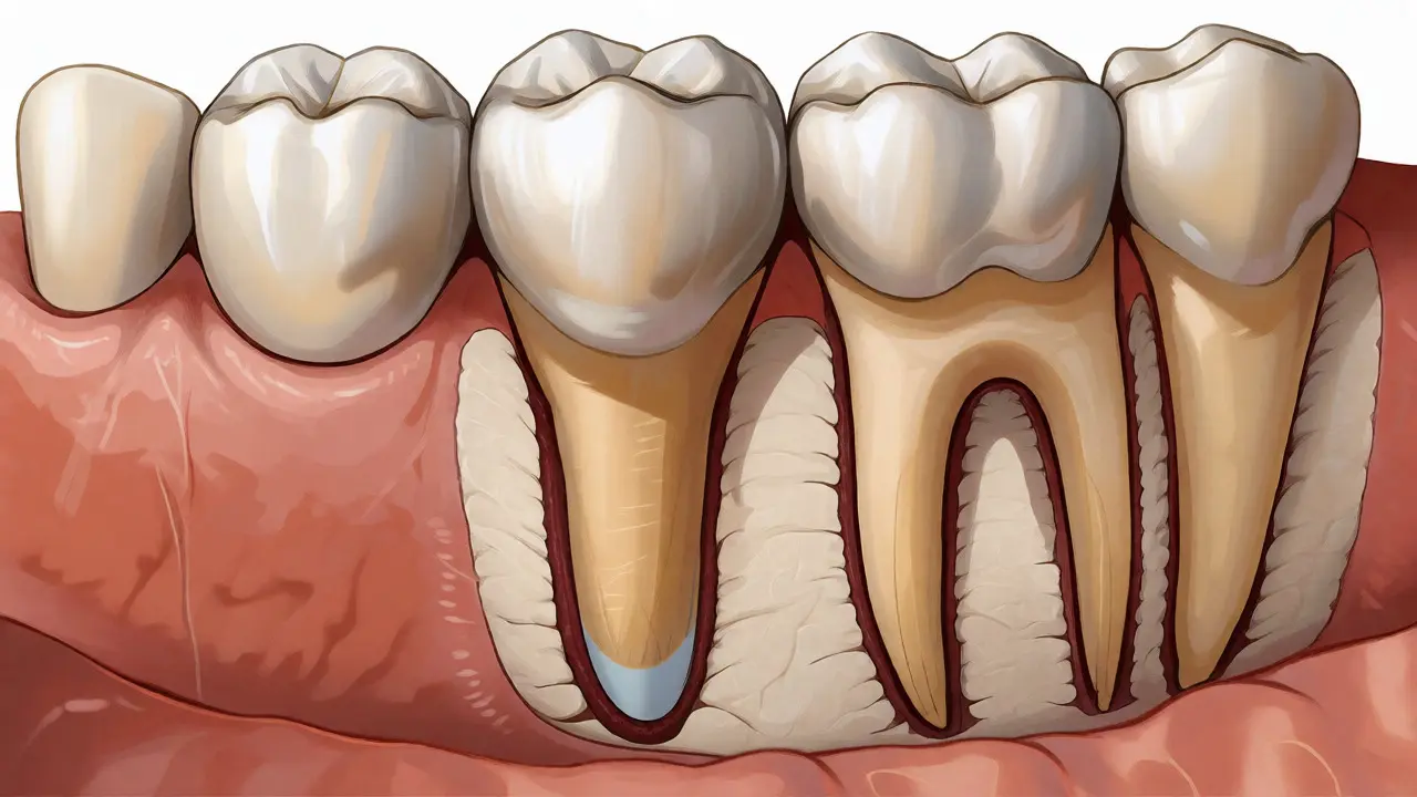 Anatomický řez zobrazující dlouhý kořen špičáku a přechod k třenovým zubům
