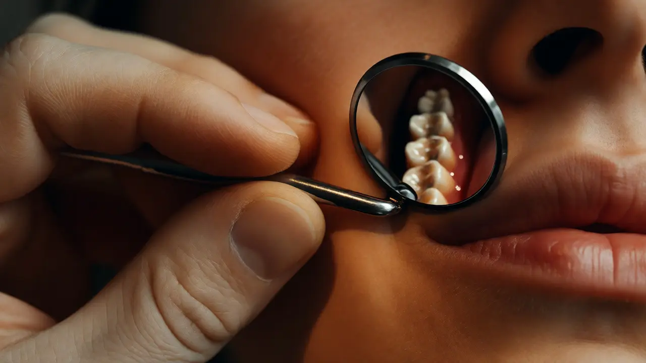 Detailní záběr na správný úchop dentálního zrcátka u tváře