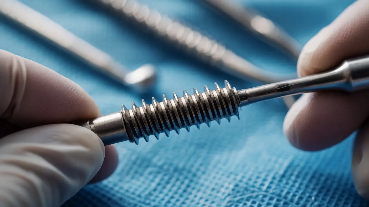 Detailní záběr na titanový zubní implantát v rukou stomatologa během zákroku.