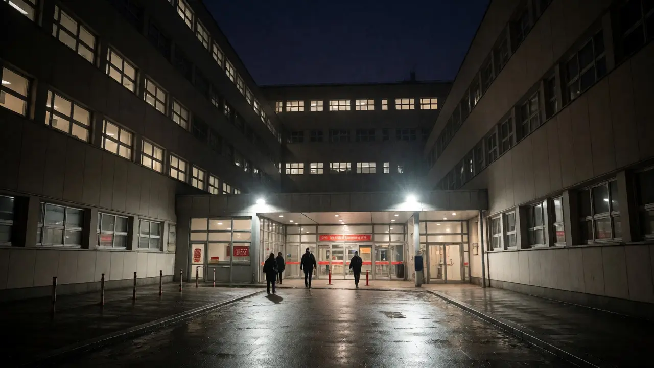 Exteriér nemocniční pohotovosti v Praze za noci