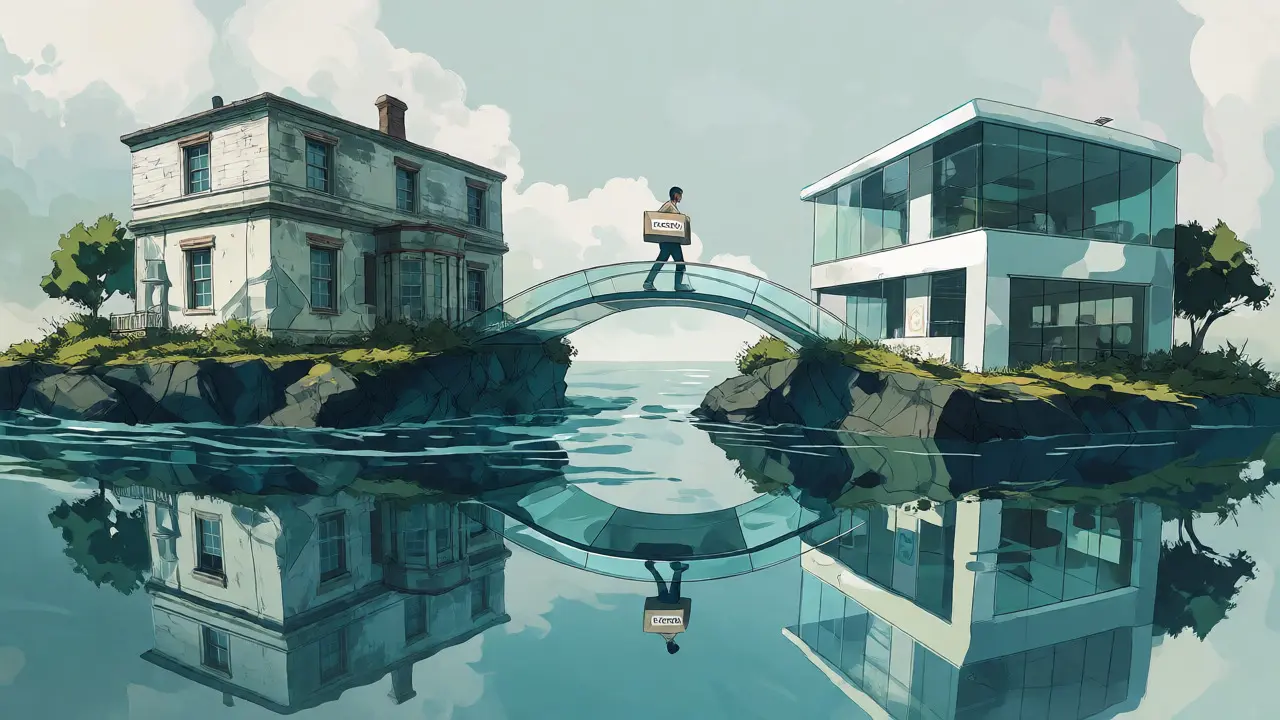 Konceptuální ilustrace přechodu mezi dvěma ordinacemi pomocí skleněného mostu.