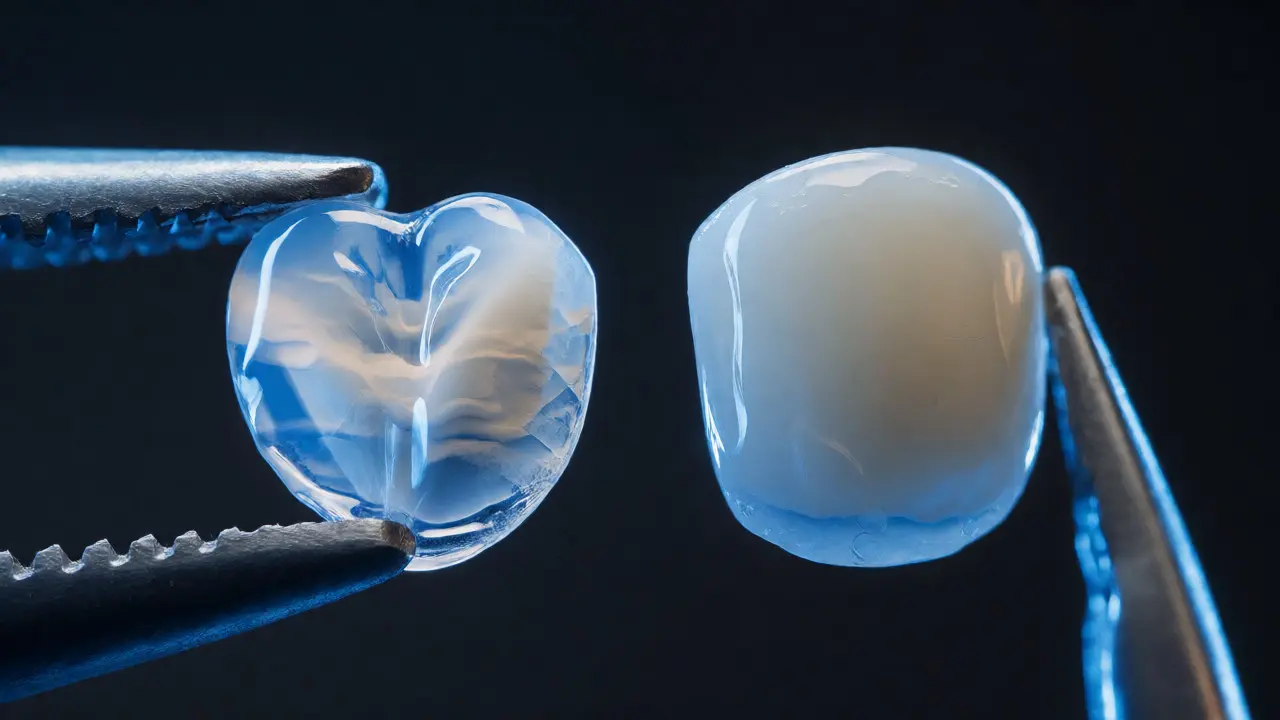Makro snímek porcelánové a kompozitní zubní facety s důrazem na odlišnou texturu a průsvitnost.