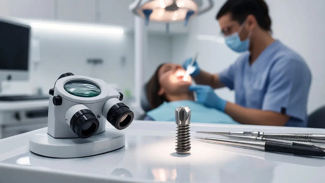 Titanový zubní implantát na sterilním podnosu v ordinaci