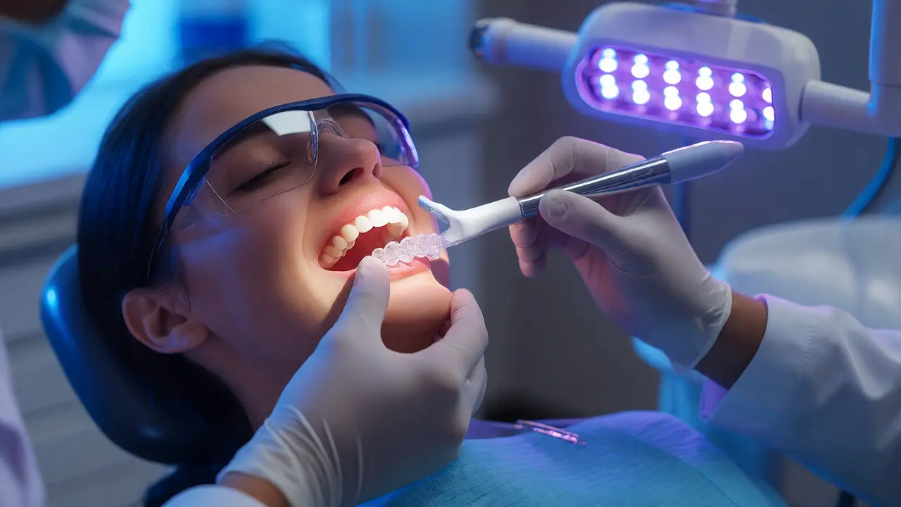 Zubní lékař aplikuje bělicí gel do dlahy v ordinaci pod modrým světlem lampy