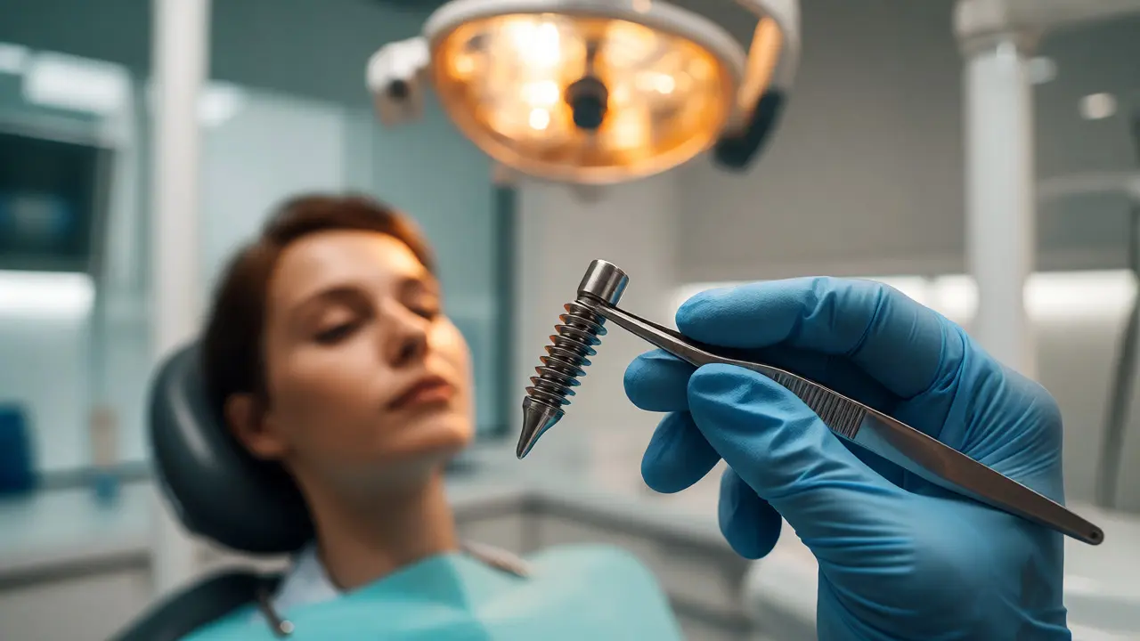 Zubní lékař drží titanový šroubek zubního implantátu v moderní ordinaci